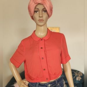 Red Button-Up Cropped Blouse with Collar